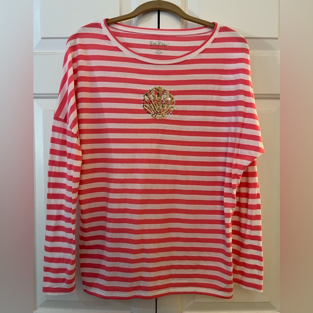 Lilly Pulitzer Tina Pink and White Striped Tee with Gold Seashell NWOT Size S
